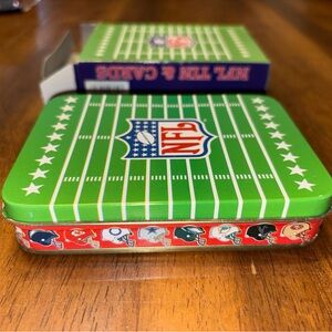 NFL branded playing cards -NFL Green Field Tin Card Case with Team Helmet Border